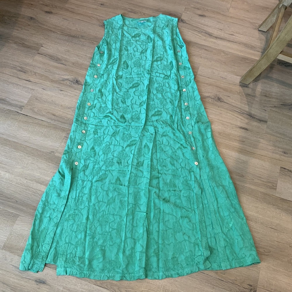 Sahara Long Tunic Dress Sz L Teal Green Embroidered Floral Shell Buttons  EUC